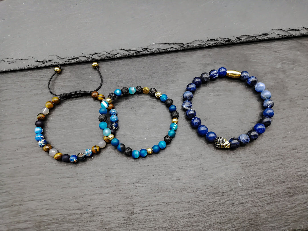 Armband Long Beach - 24K Gold - Tigerauge - Onyx - Achat - Lapislazuli