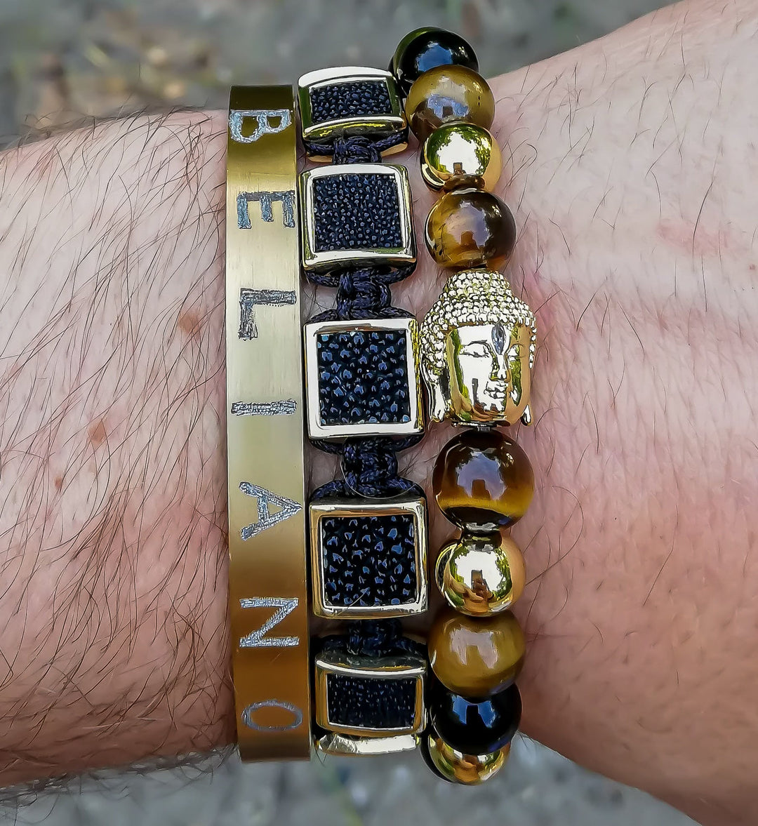 ArmbandArmband Buddha 24K Gold - Onyx - Tigerauge - PorzellanBelianoBeliano